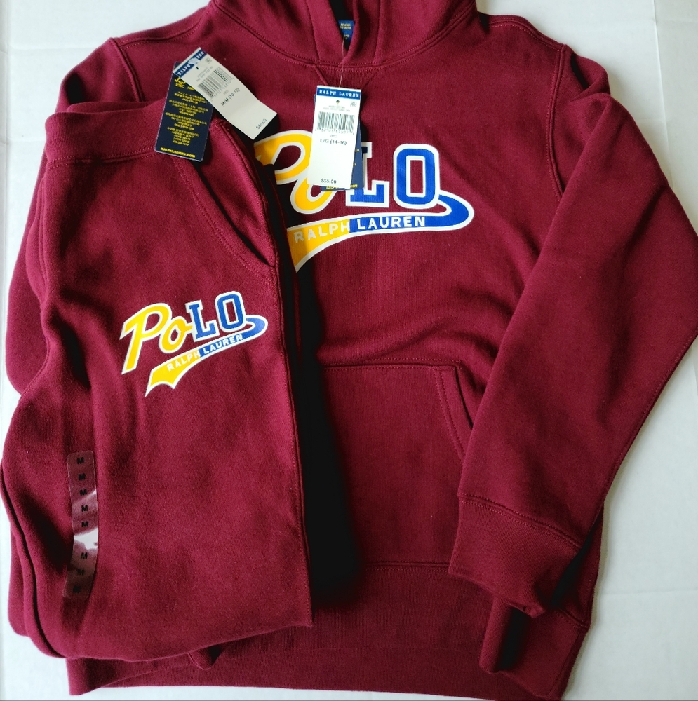 Polo Ralph Lauren 2 Piece Sweatsuit Red Pants Size M 10-12 Jacket Size L 14-16